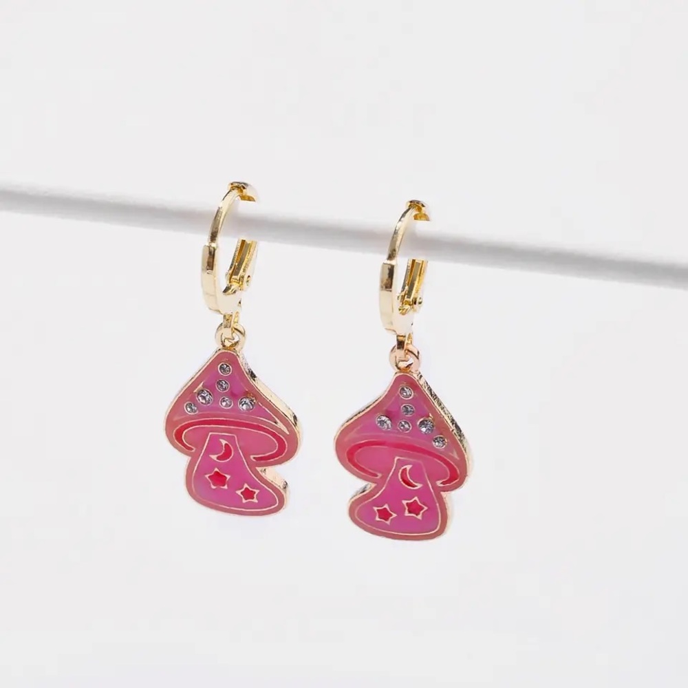 Adorable Pink Mushroom Rhinestone Enamel Earrings
